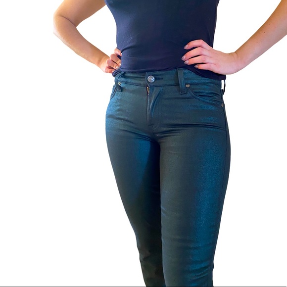7 FOR ALL MANKIND Women Ankle Skinny Emerald Metallic Jeans Size 27 - Picture 2 of 11